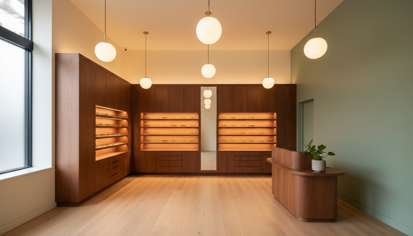 Interior of Vallejo Optometry Group boutique — walnut wood eyewear displays, sage green wall, warm pendant lighting