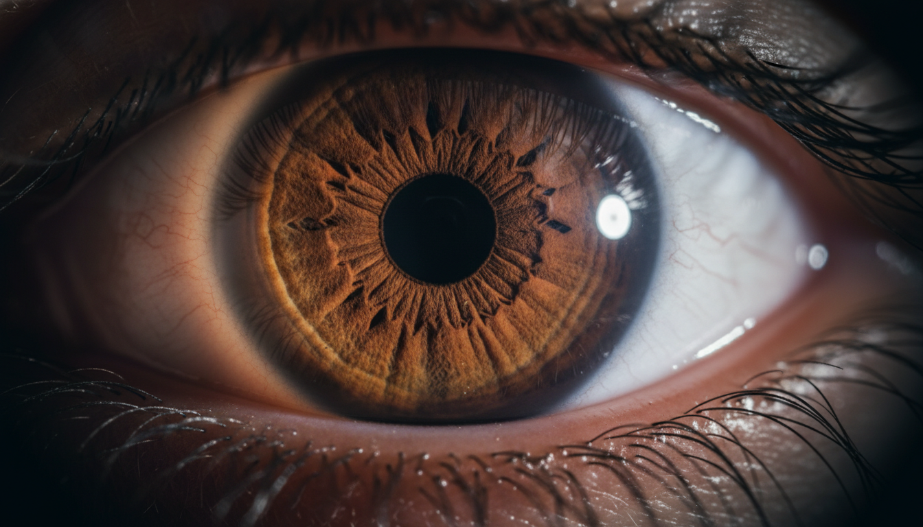 Macro close-up of the human eye iris — showing detailed structural patterns examined during a diagnostic eye exam